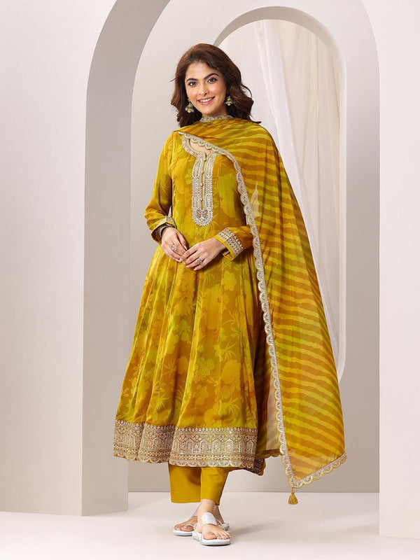Mustard Floral Printed Embellishment Anarkali Kurta with Pant with Dupatta (Set of 3)