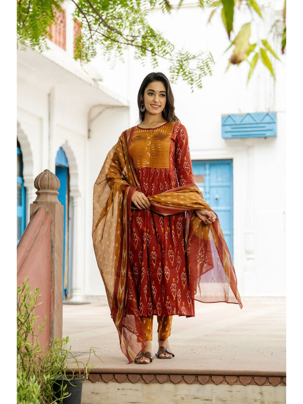 Rust Cotton Printed Kurta Pant & Dupatta (Set of 3)