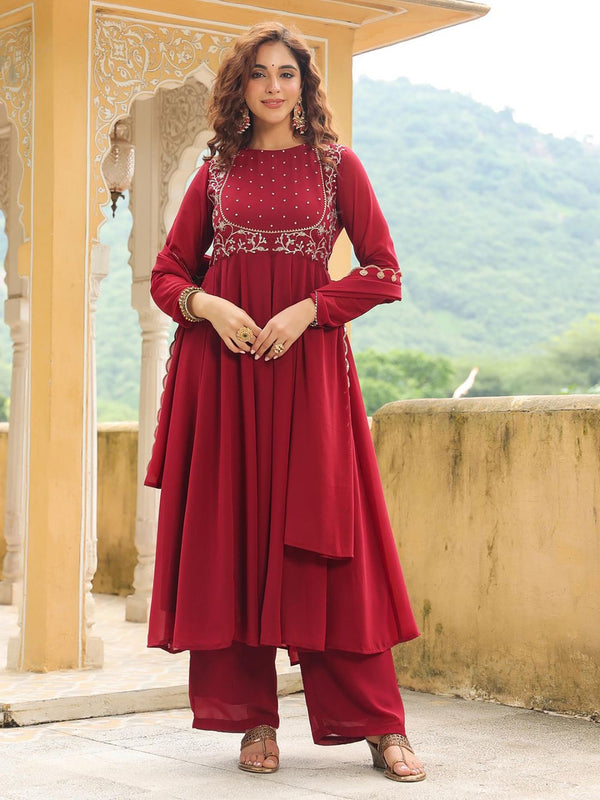 Women's Maroon Embroidered Anarkali Kurta with Palazzo and Dupatta (Set of 3)
