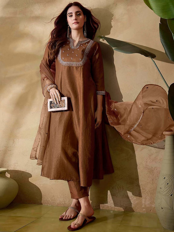 Women Brown Silk Embroidered Kurta with Pant and Dupatta (Set of 3)