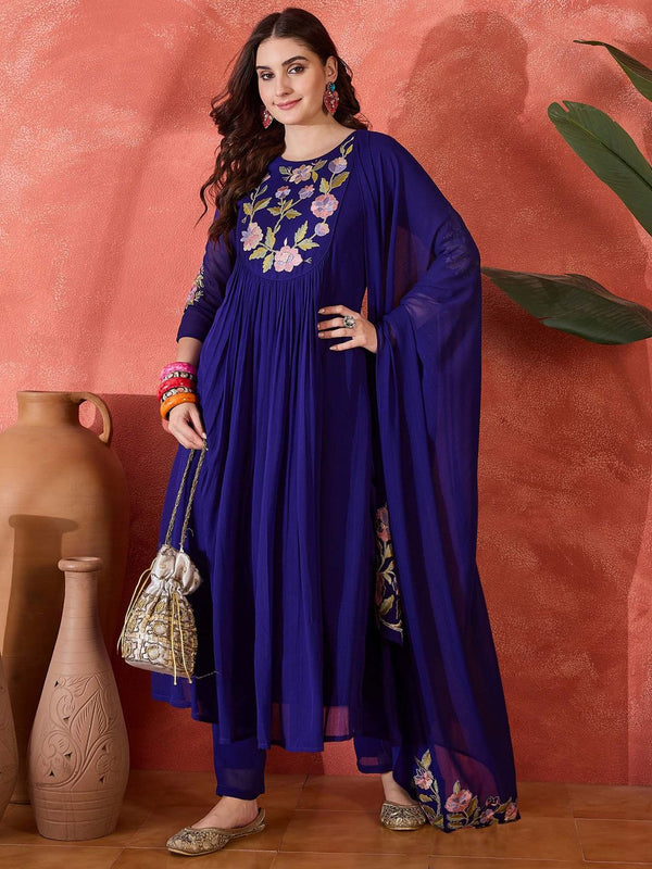 Women Blue Embroidered Kurta with Pant and Dupatta (Set of 3)