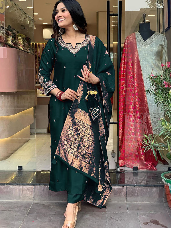 Dark Green Roman Silk Kurta with Pant & Dupatta (Set of 3)