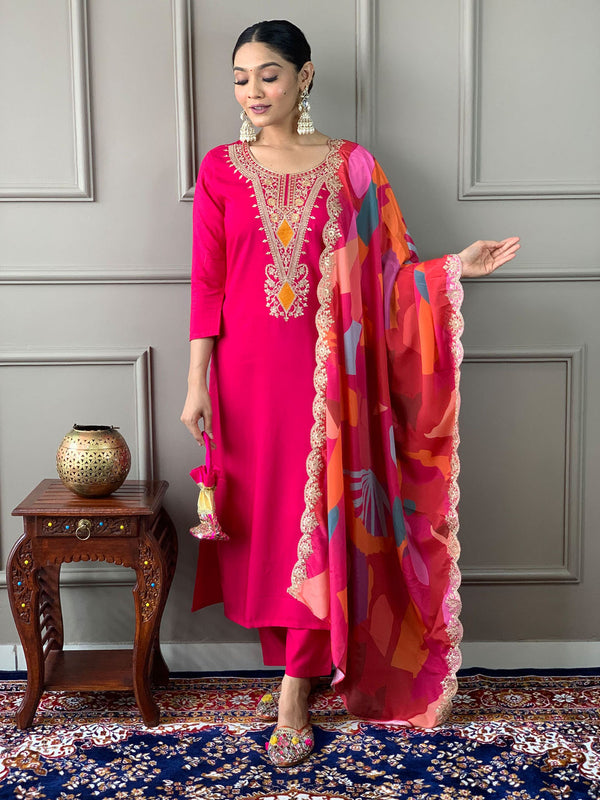 Pink Embroidered Kurta with Pant and Dupatta (Set of 3)