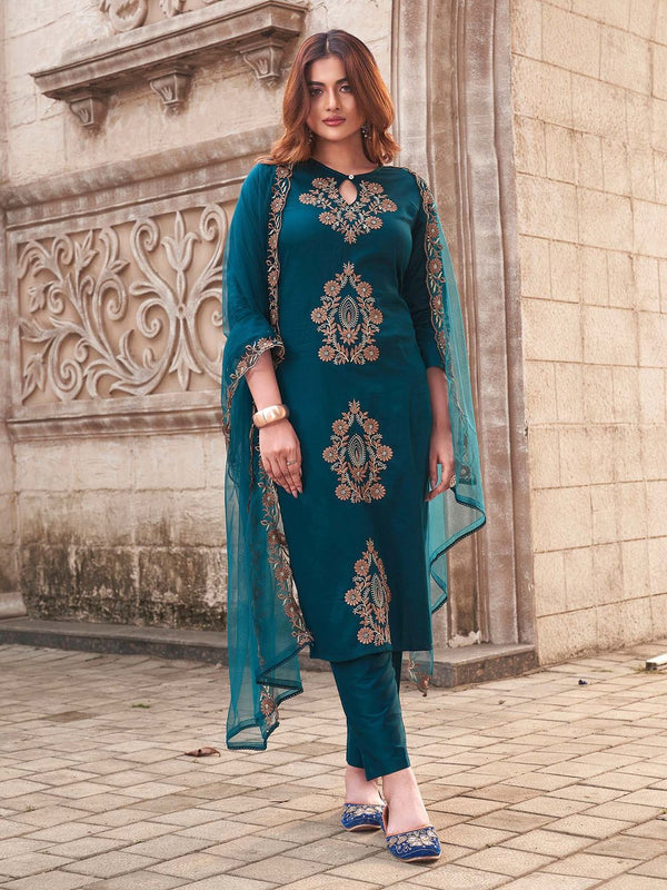 Women Teal Cotton Blend Embroidered Kurta with Pant and Dupatta (Set of 3)