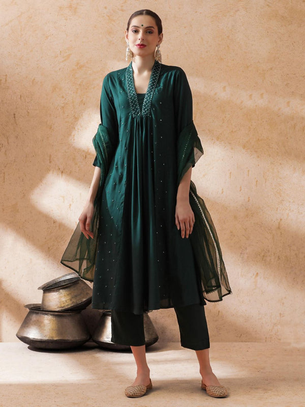 Women Green Embroidered Anarkali Kurta with Pant and Dupatta (Set of 3)