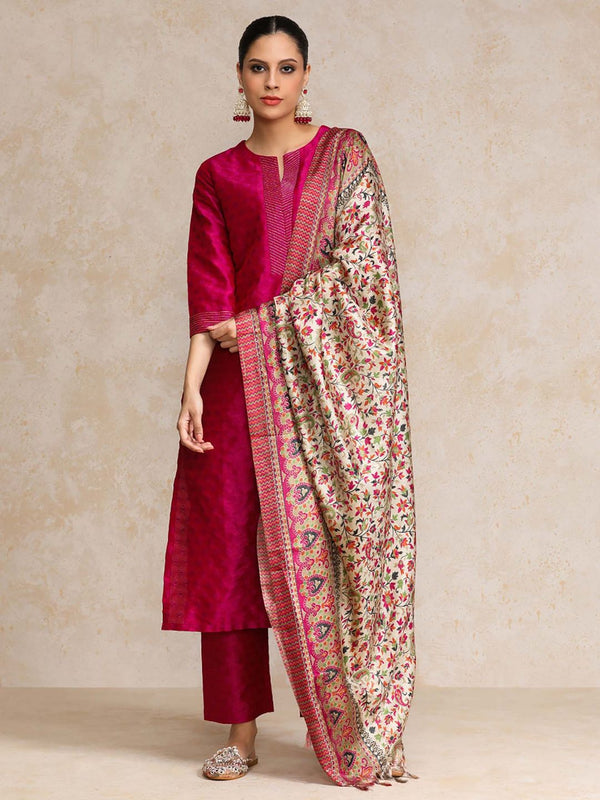 Pink Zari Embroidered Dobby Straight Kurta with Pant and Printed Dupatta (Set of 3)