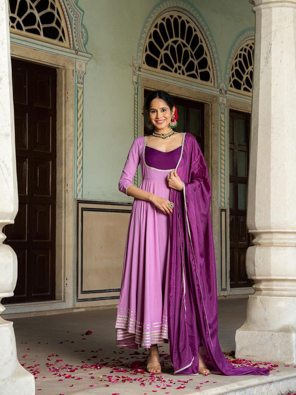 Purple Solid Yoke Design Anarkali Kurta with Pant and Dupatta (Set of 3)