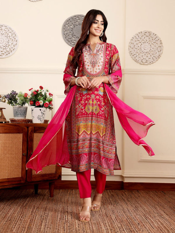 Women Pink Ethnic Gota Embellished Kurta with Solid Pant and Dupatta (Set of 3)