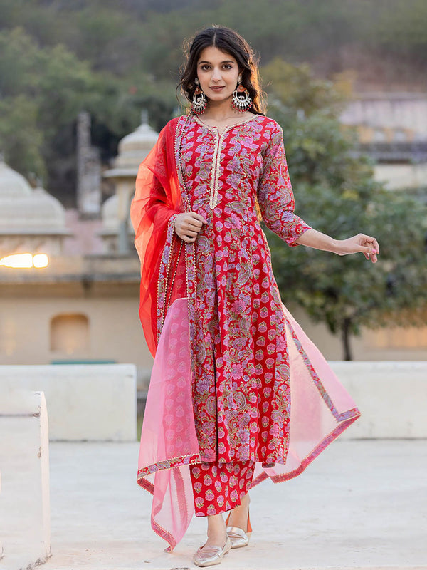 Red Floral Print Anarkali Kurta Trouser & Dupatta (Set of 3)